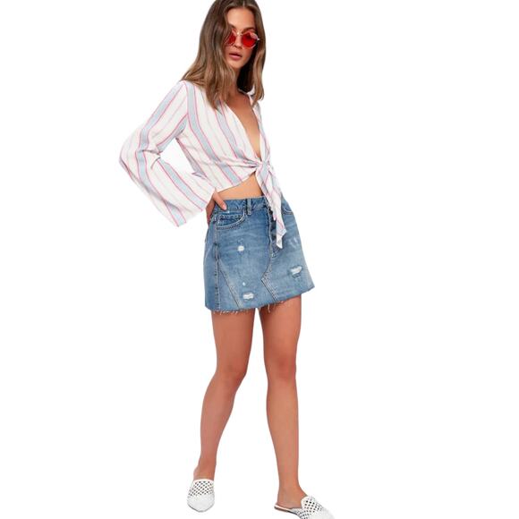 Lulus Pippi Pink Striped Tie-Front Bell Sleeve Top - Medium - Picture 6 of 13